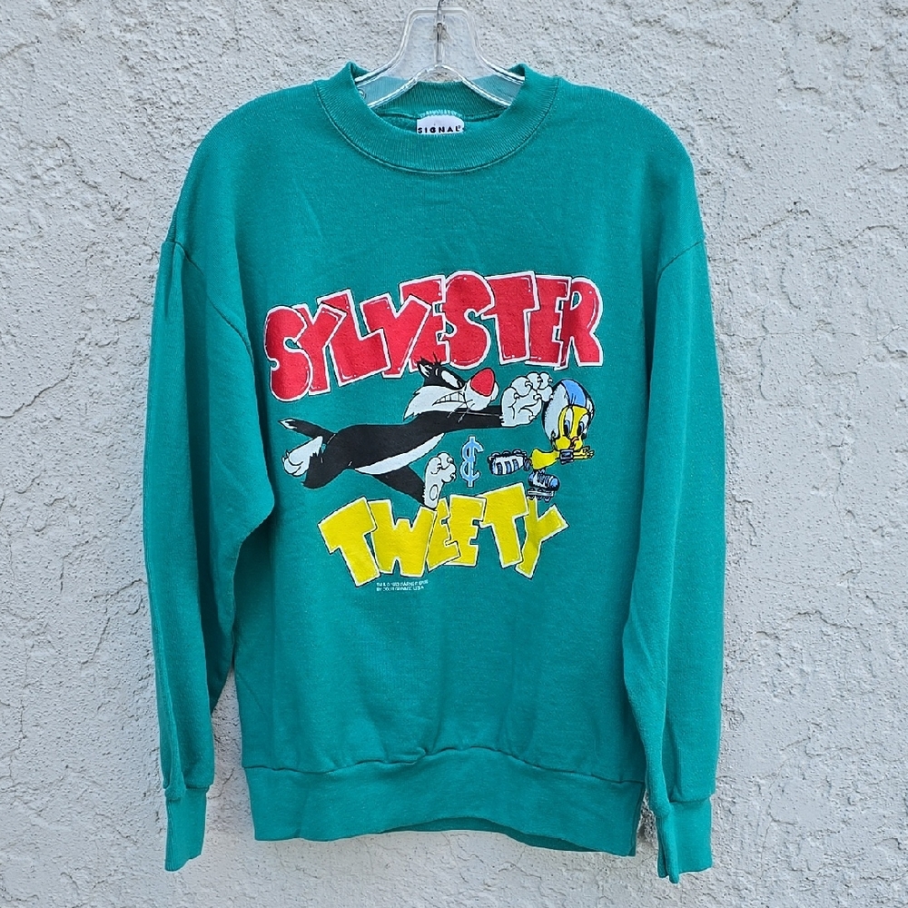 Vintage Warner Bros Looney Toons Sylvester & Tweety Green Crewneck Size Large